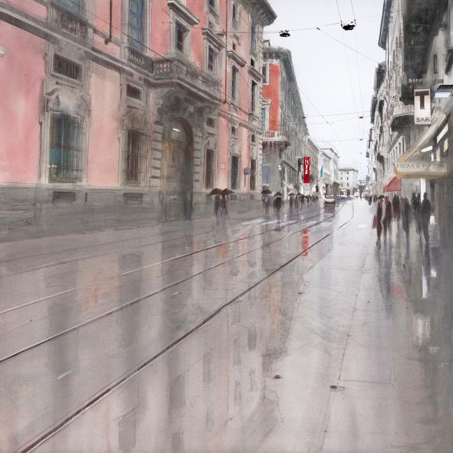 Acuarela sobre calles de la ciudad italiana, Milán
